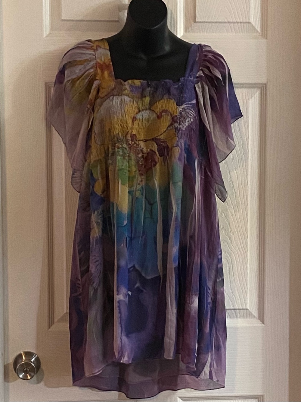 Viviana Purple Floral Sheer Tunic Dress boho festival Graphic Yellow Accents